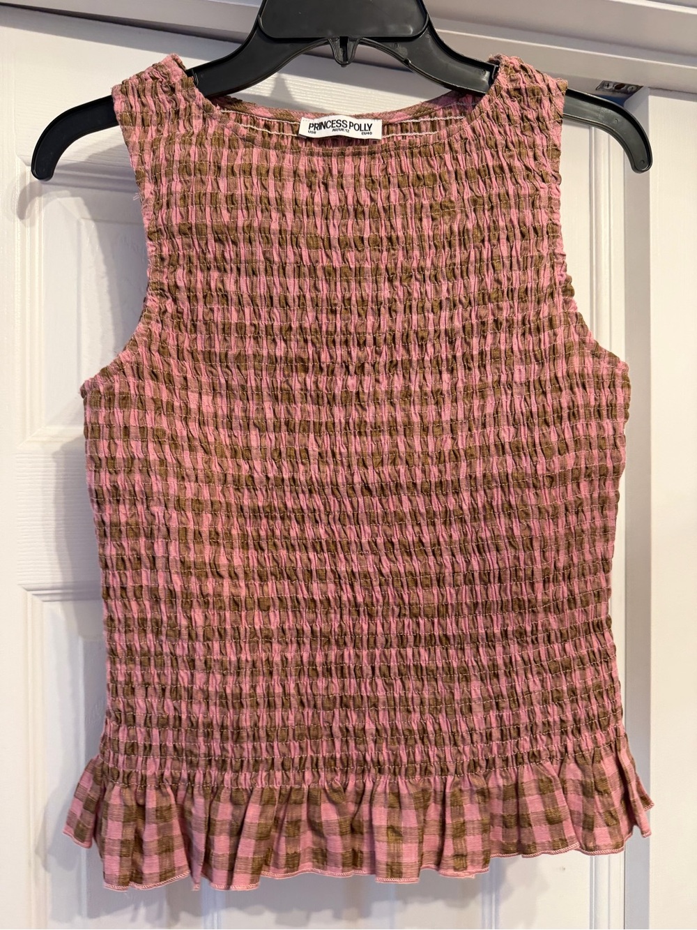 Princess Polly Pink & Olive Smocked Ruffle-Hem Tank Top